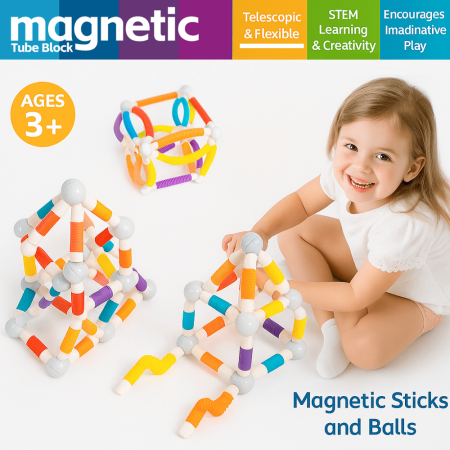 Set de constructii 3D magnetic, cu bile si tuburi flexibile, joc educativ STEM, 108 / 57 piese [9]