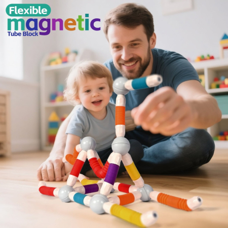 Set de constructii 3D magnetic, cu bile si tuburi flexibile, joc educativ STEM, 108 / 57 piese [8]