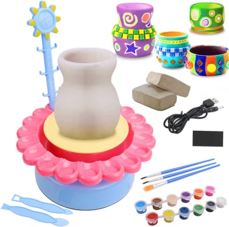 JUCARII - Set roata Olarului pentru copii, argila si multe culori, cablu USB, +6ani, 27x22 cm