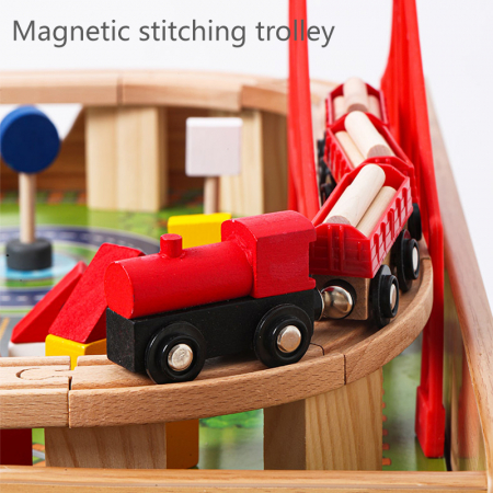 Masa de joaca cu sertar, circuit cu trenulet din lemn si accesorii, Onshine, 100piese, 78 x 63 x 33 cm [4]