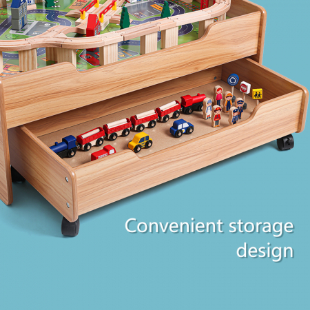 Masa de joaca cu sertar, circuit cu trenulet din lemn si accesorii, Onshine, 100piese, 78 x 63 x 33 cm [2]