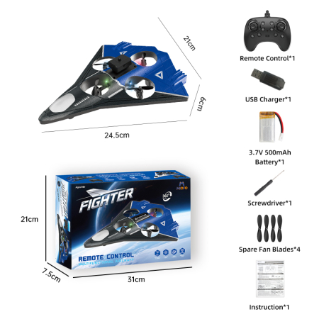 Avion-Drona RC, senzor obstacole, lumini LED, 4 motoare cu electrice, incarcare USB, acumulator inclus, 24.5x21x5 cm [4]