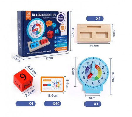 Jucarii din lemn - Jucarie Educativa si Interactiva Montessori, Ceas din Lemn cu Alarma, Diferite Forme Geometrice si Cartonase Multicolore