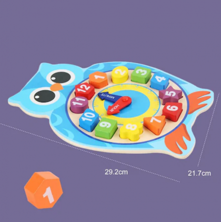 Ceas Montessori din Lemn cu Forme Geometrice si Numere, 29.2x21.7 cm, + 3 Ani, Broasca/Bufnita [2]