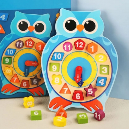 Ceas Montessori din Lemn cu Forme Geometrice si Numere, 29.2x21.7 cm, + 3 Ani, Broasca/Bufnita [1]