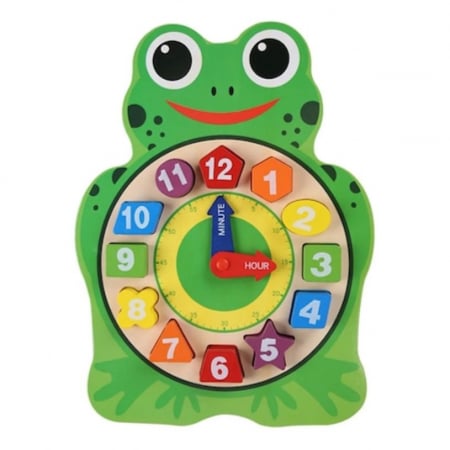 Jucarii din lemn - Ceas Montessori din Lemn cu Forme Geometrice si Numere, 29.2x21.7 cm, + 3 Ani, Broasca/Bufnita