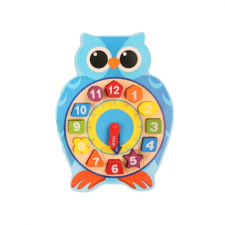 Jucarii din lemn - Ceas Montessori din Lemn cu Forme Geometrice si Numere, 29.2x21.7 cm, + 3 Ani, Broasca/Bufnita