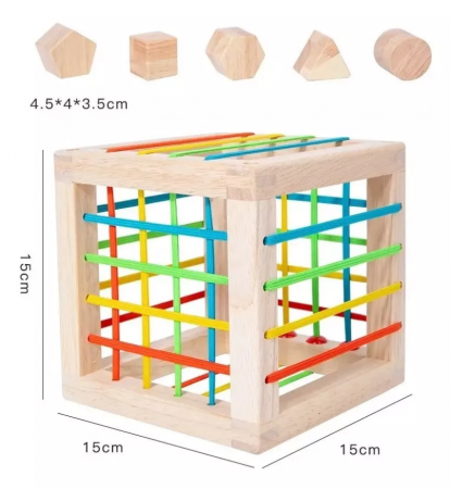 Jucarii din lemn - Cub Educativ 2 in 1, sortator forme si benzi elastice,15 x 15 x 15 cm.
