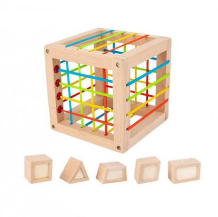 Cub Educativ 2 in 1, sortator forme si benzi elastice,15 x 15 x 15 cm. [1]