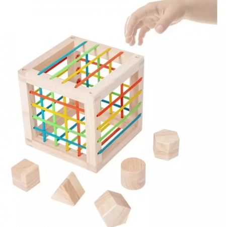 Cub Educativ 2 in 1, sortator forme si benzi elastice,15 x 15 x 15 cm. [5]