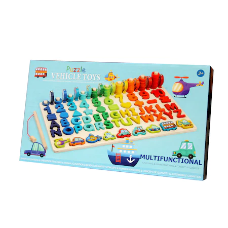 Joc de lemn 7 in 1 Vehicle Toys Montessori logaritmic, litere, cifre, forme geometrice, vehicule, pestisori magnetici de pescuit si cerculete de sortat [1]