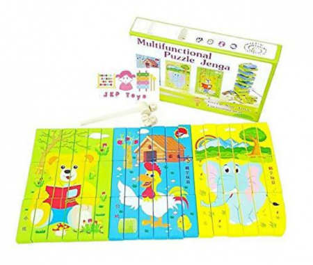 Jucarii din lemn - Joc Interactiv 2 in 1, Puzzle din Lemn Multifunctional, Jenga Turnul Instabil