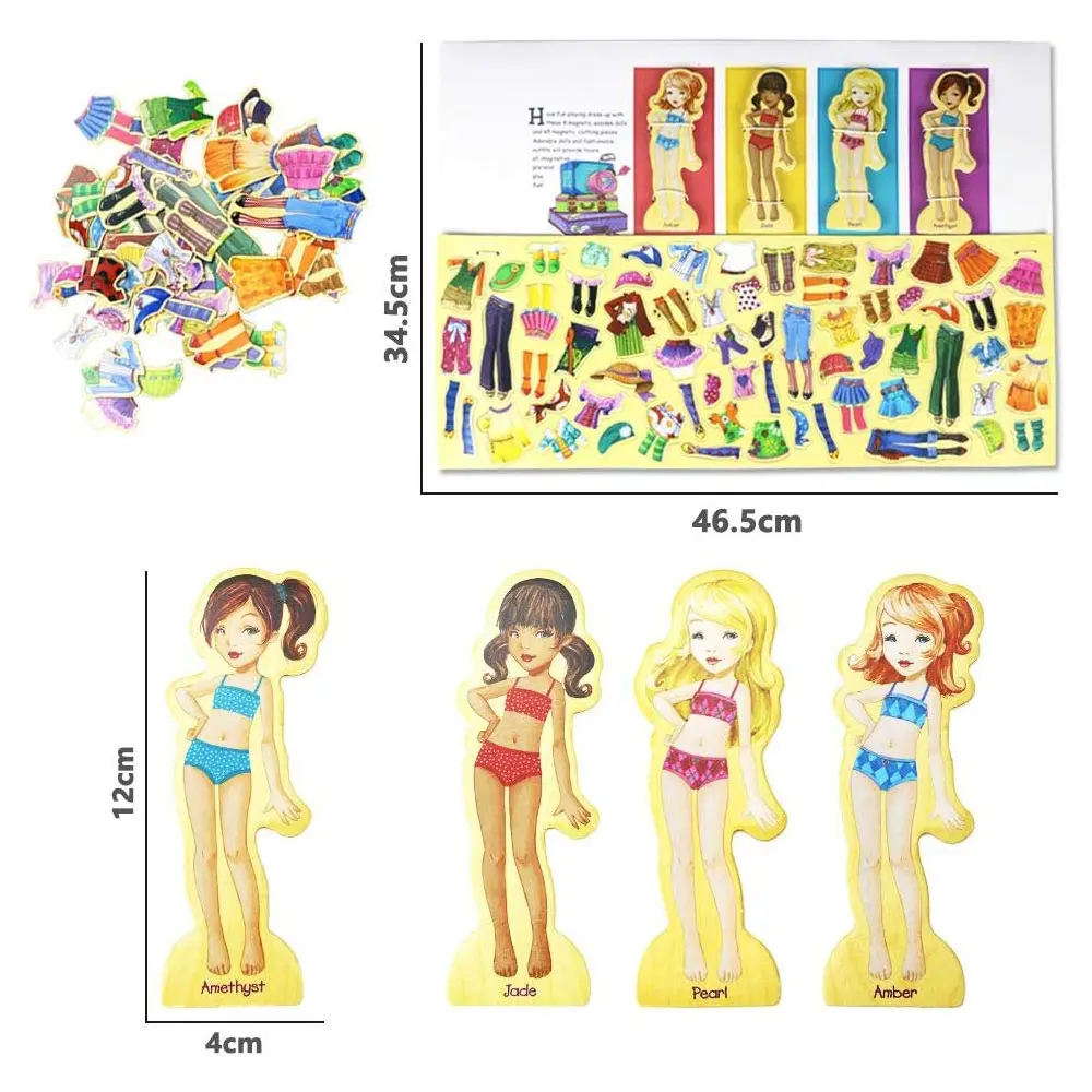 Jucarii din lemn - Joc puzzle magnetic Cum Imbracam Fetitele, 69pcs, 47x35x3 cm