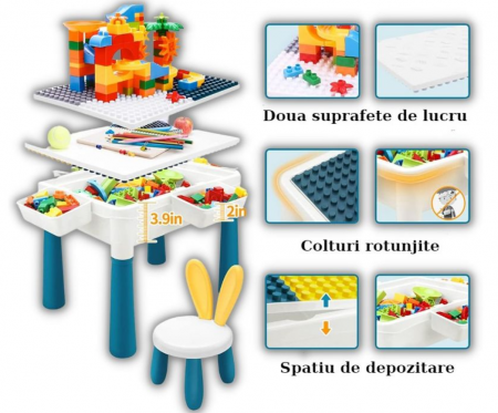 Puzzle Trefl - Masa activitati tip lego duplo pentru copii ,1 scaunel, 102 piese si 2 cutii depozitare,ajustabila,37.5 x 24.5 x 37.5 cm