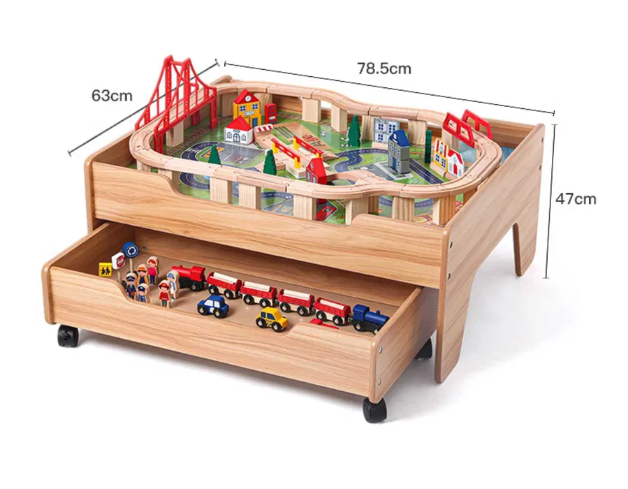 Masa de joaca cu sertar, circuit cu trenulet din lemn si accesorii, Onshine, 100piese, 78 x 63 x 33 cm [1]