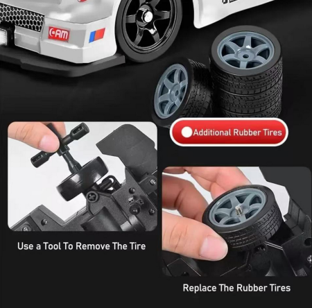 Masina cu telecomanda pentru Drifturi, 30km/h, lumini LED, cauciucuri interschimbabile, efect de fum, incarcare USB, acumulator inclus 3.7V, 20x6.3x10 cm, Albastr [6]