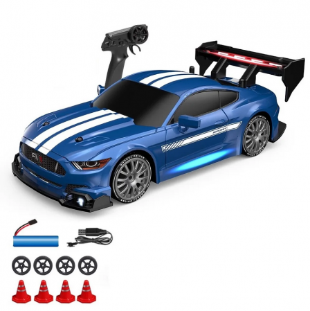 Masina cu telecomanda pentru Drifturi, 30km/h, lumini LED, cauciucuri interschimbabile, efect de fum, incarcare USB, acumulator inclus 3.7V, 20x6.3x10 cm, Albastr [1]
