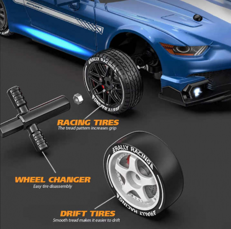 Masina cu telecomanda pentru Drifturi, 30km/h, lumini LED, cauciucuri interschimbabile, efect de fum, incarcare USB, acumulator inclus 3.7V, 20x6.3x10 cm, Albastr [4]