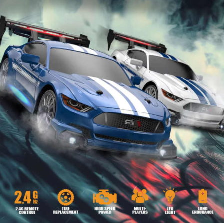 Masina cu telecomanda pentru Drifturi, 30km/h, lumini LED, cauciucuri interschimbabile, efect de fum, incarcare USB, acumulator inclus 3.7V, 20x6.3x10 cm, Albastr [2]
