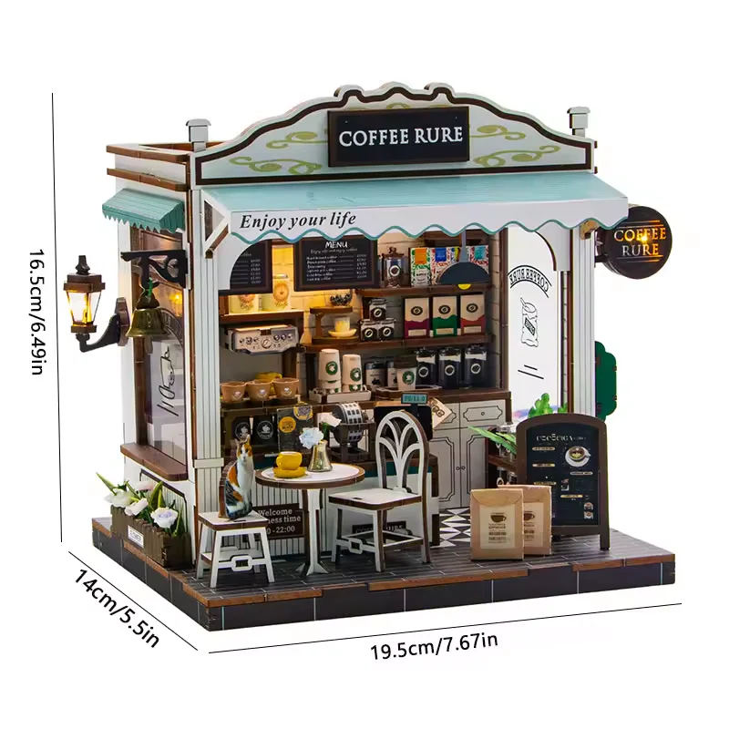 Puzzle 3D, Casa de papusi in miniatura DIY, Coffee Rure cu LED si NFC, 19.5x16.5x14 cm [0]