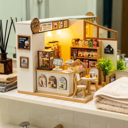 Puzzle 3D, Casa de papusi in miniatura DIY, Tea Shop cu LED si NFC, 16.5x16x16.5 cm [6]