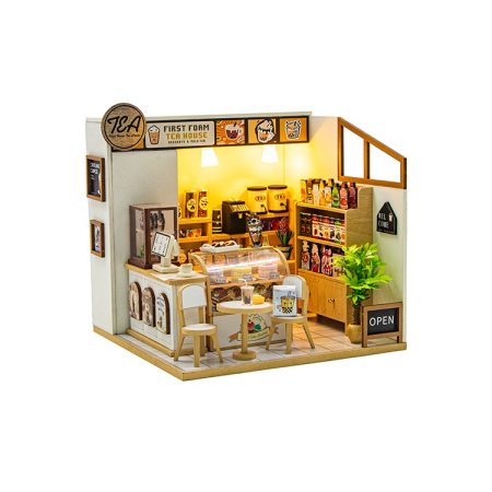 Puzzle 3D, Casa de papusi in miniatura DIY, Tea Shop cu LED si NFC, 16.5x16x16.5 cm [1]