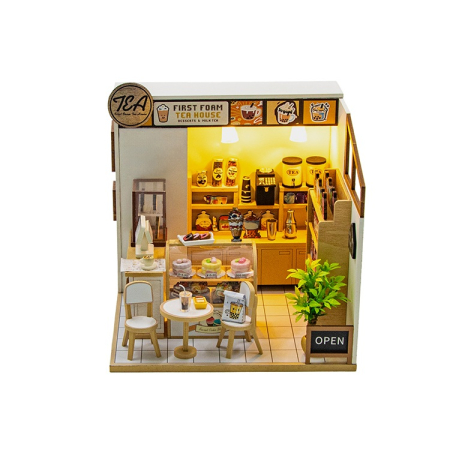 Puzzle 3D, Casa de papusi in miniatura DIY, Tea Shop cu LED si NFC, 16.5x16x16.5 cm [2]