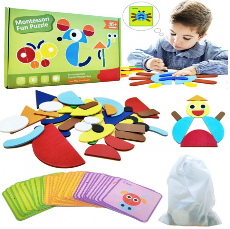 Jucarii din lemn - Puzzle de tip tangram, Montessori, 69 piese