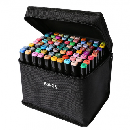 STEAM-DIY-Art & Craft - Set 60 markere, 2 capete subtire si gros, geanta de depozitare, Multicolor