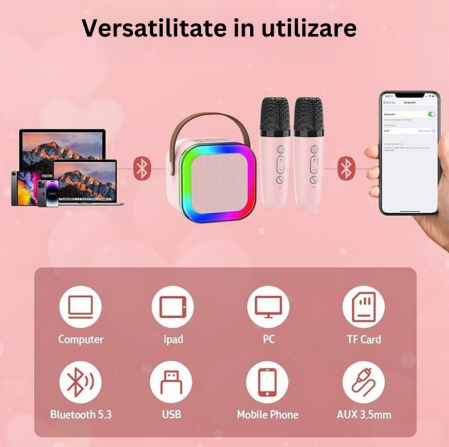 Set Boxa BT Karaoke, 2 Microfoane, Pentru Adulti si Copii, Lumini, efecte vocale [2]