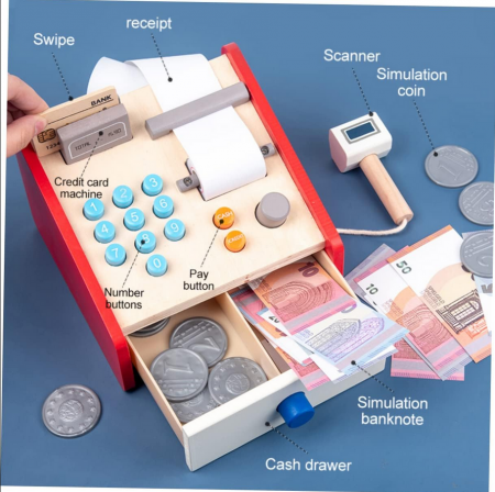 Set casa de marcat din lemn jucarie educativa pentru copii, 16 x 16 x 11 cm [4]