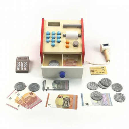 Set casa de marcat din lemn jucarie educativa pentru copii, 16 x 16 x 11 cm [6]