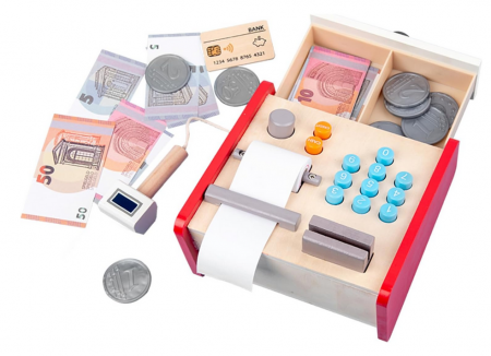 Set casa de marcat din lemn jucarie educativa pentru copii, 16 x 16 x 11 cm [0]