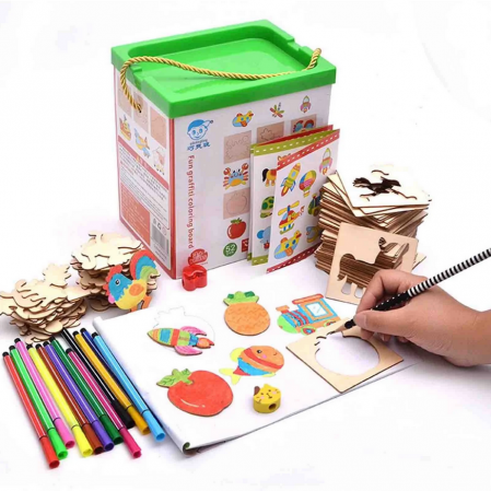Jucarii din lemn - Set sabloane desen copii - trusa cu sabloane lemn, 18.5 x 14 x 20.5 cm