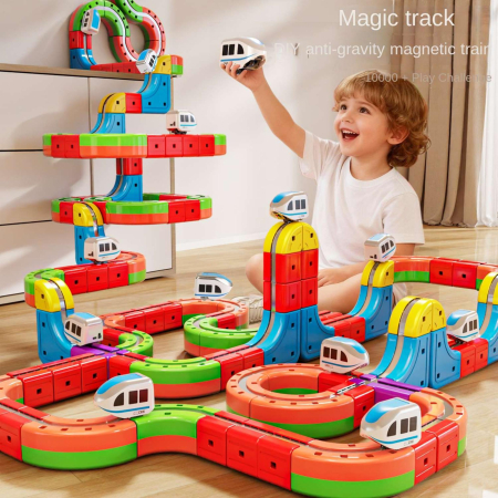 Set Tren Magnetic 3D cu 150 Piese, Traseu cu Pante, Buclă, Poduri și Cuburi Colorate, Jucarie Educativa, 3-8 ani [6]