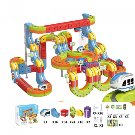Masini/Trenuri/Circuite - Set Tren Magnetic 3D cu 150 Piese, Traseu cu Pante, Buclă, Poduri și Cuburi Colorate, Jucarie Educativa, 3-8 ani