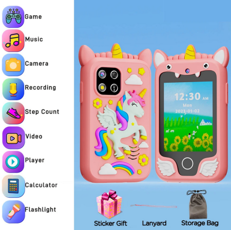 Papusi/Plus/Figurine - Telefon inteligent de jucarie cu ecran tactil pentru copii, muzica, camera, jocuri și functii educationale, 3-12 ani