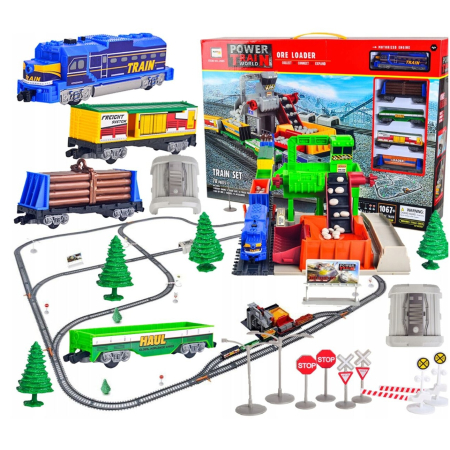 Masini/Trenuri/Circuite - Trenulet electric Train World, 68 piese, sunete, lumini, 1 locomotiva, 4 vagoane, mina, semne feroviare, accesorii, 762 cm