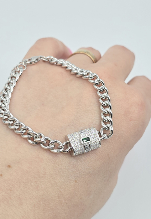 Brățară Cuban Link din argint 925 cu piatră verde Emerald Cut și zirconia [2]