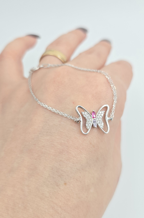 Brățară din argint 925 cu fluture și zirconia, piatră centrală roz [2]