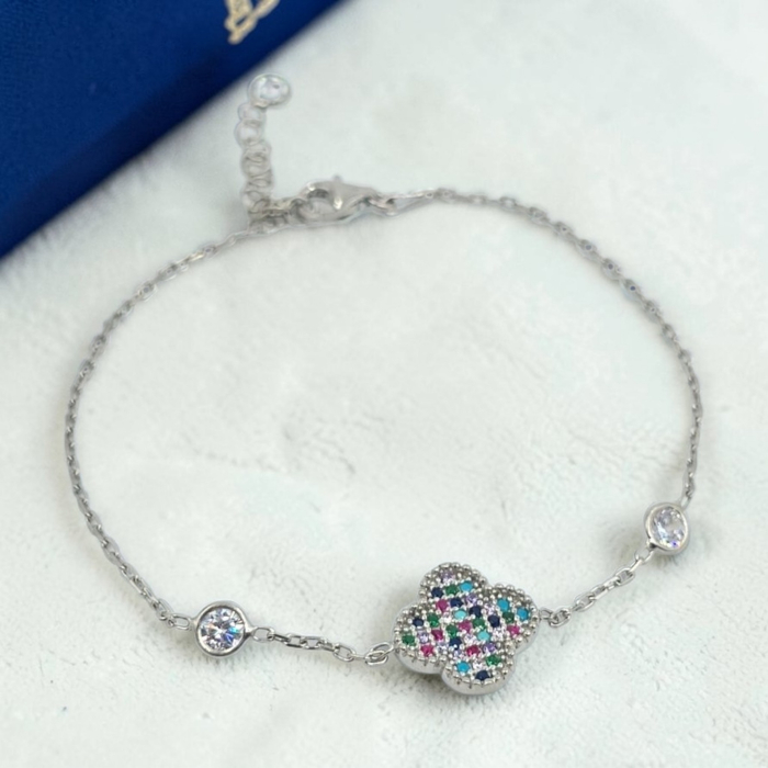 Brățară din argint 925 cu trifoi și zirconii multicolore – model delicat [1]