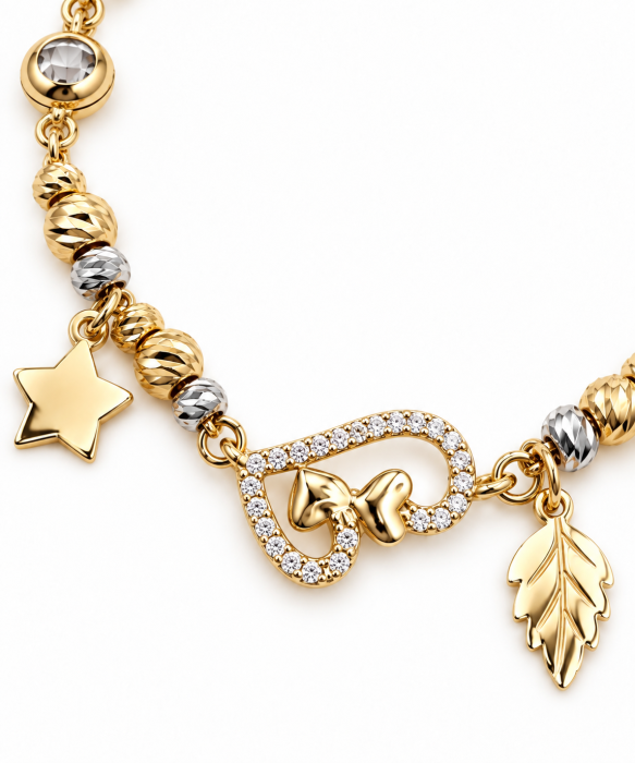 Brățară din Aur 14K cu Inimă Decorată, Bile Ornamentale și Charm-uri – Model Elegant [3]