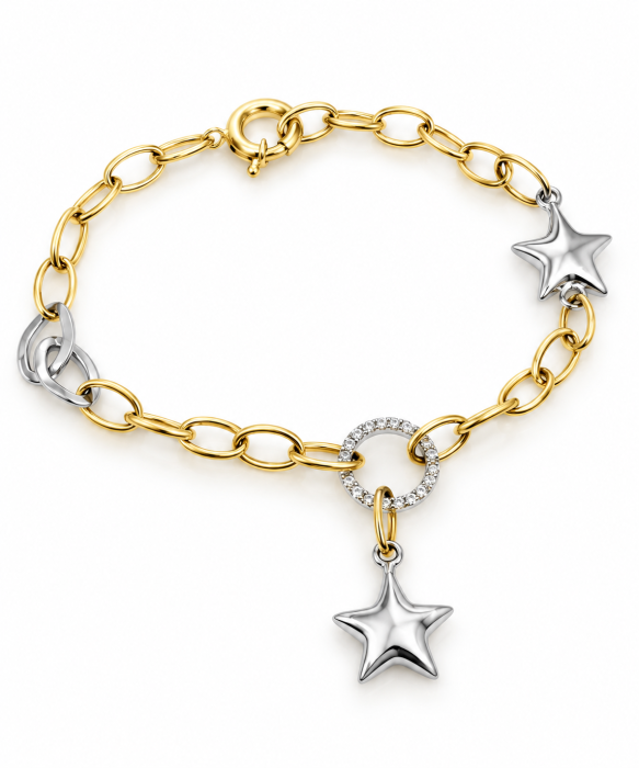 Brățară din Aur 14K cu Stele și Cerc Decorativ – Model Elegant Bicolor [1]