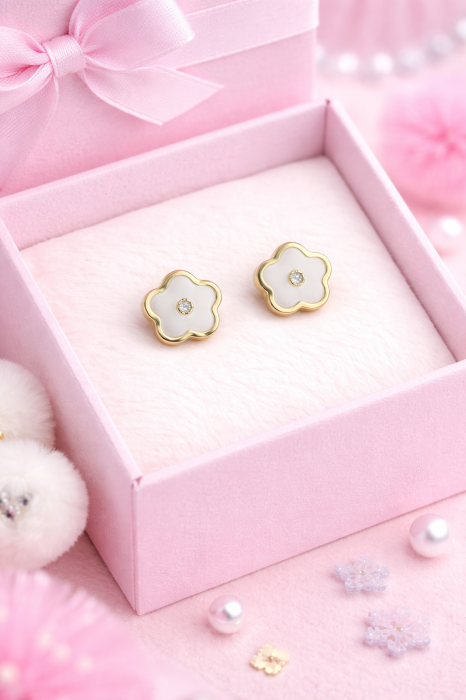 Cercei copii din aur 14K – Floare albă cu piatră, închidere filet (0+), 0.8 cm [2]