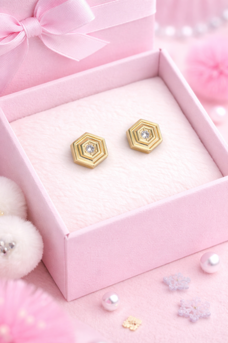 Cercei copii din aur 14K – Hexagon cu piatră centrală, închidere filet (0+) [2]