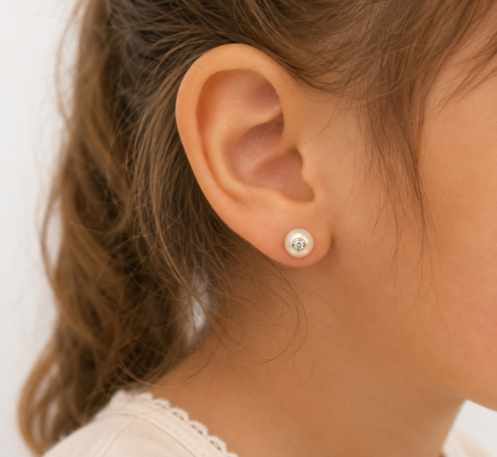 Cercei copii  Delicați din Aur 14K si Perla – Model Simplu, 8 mm [2]