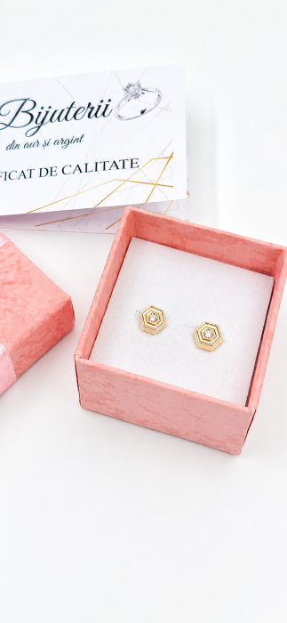 Cercei copii din aur 14K – Hexagon cu piatră centrală, închidere filet (0+) [3]