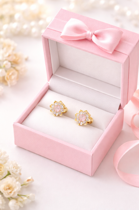 Cercei copii din aur 18K – Floare cu cristal roz și zirconii, închidere filet (0+) [2]