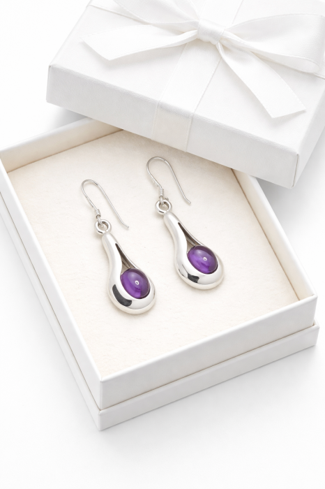 Cercei din Argint 925 cu Ametist Mov – Design Elegant Fluid, 2 cm [2]