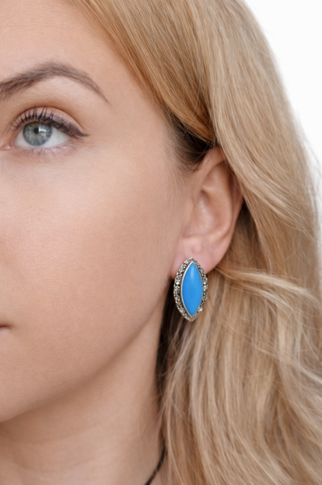 Cercei din Argint 925 cu Marcasite și Piatră Albastră – Design Vintage Elegant, 2.5 cm [3]